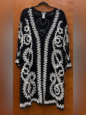 Catherines Black & White Soutache Corded Embroidered Duster Cardigan size 4X